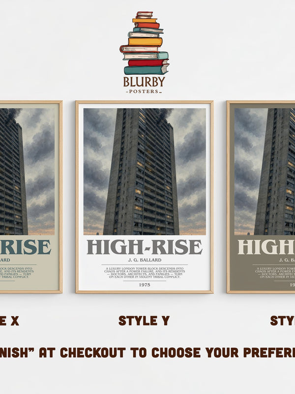 High-Rise bookish print in frame leaning in hallway – dystopian wall art