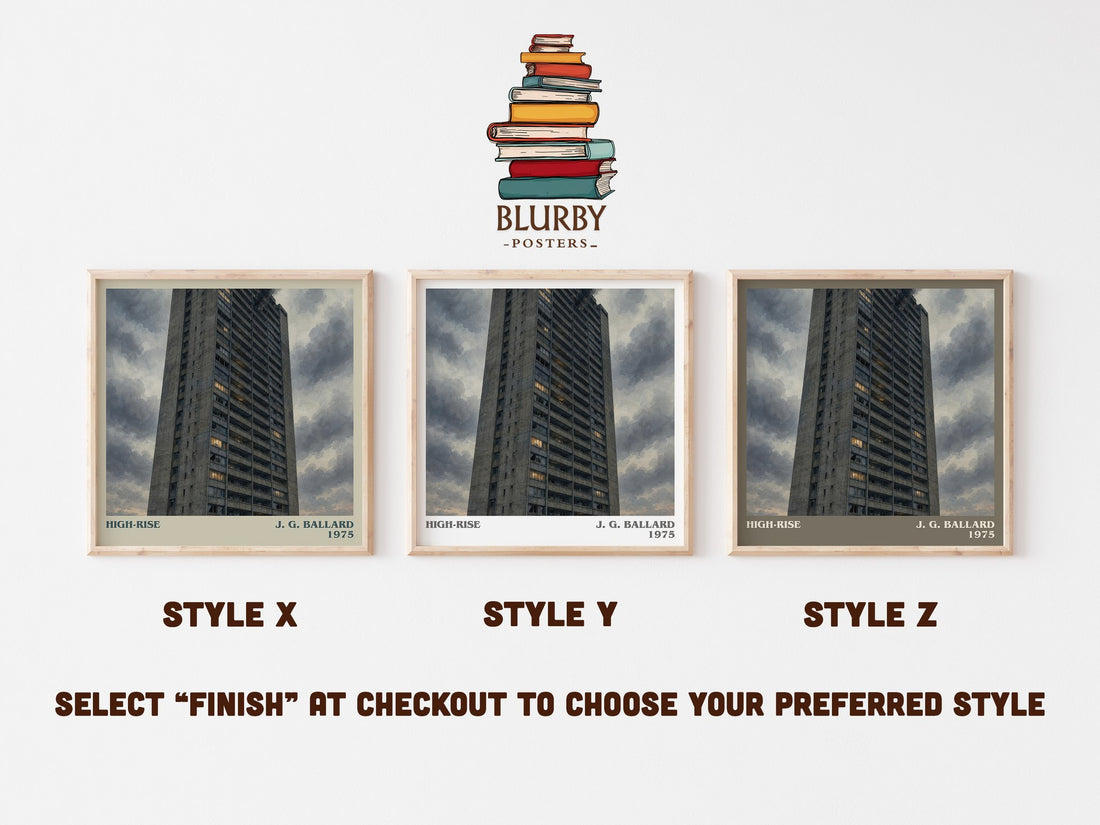 High-Rise literary print in frame leaning in hallway – dystopian wall art (mockup)