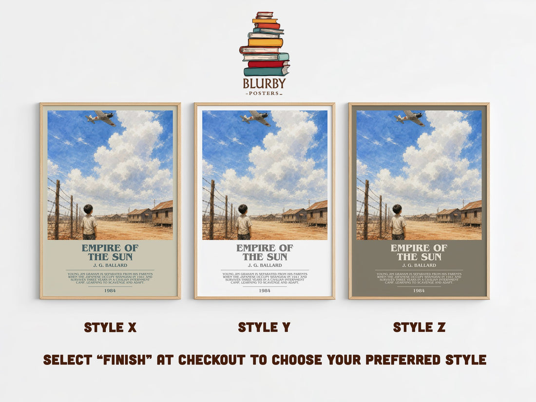Empire of the Sun bookish print in frame leaning in hallway – historical fiction wall art (mockup)