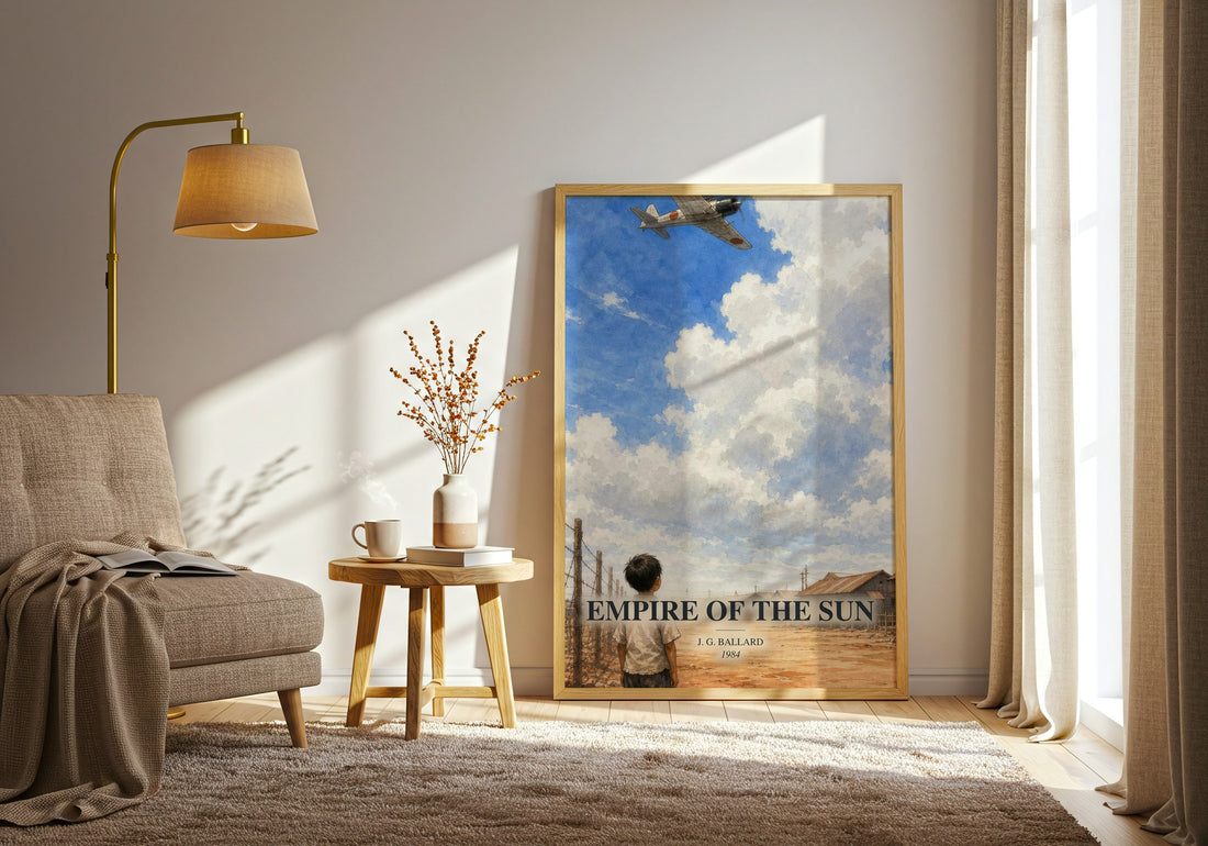 Empire of the Sun watercolour print in frame leaning in hallway – historical fiction wall art
