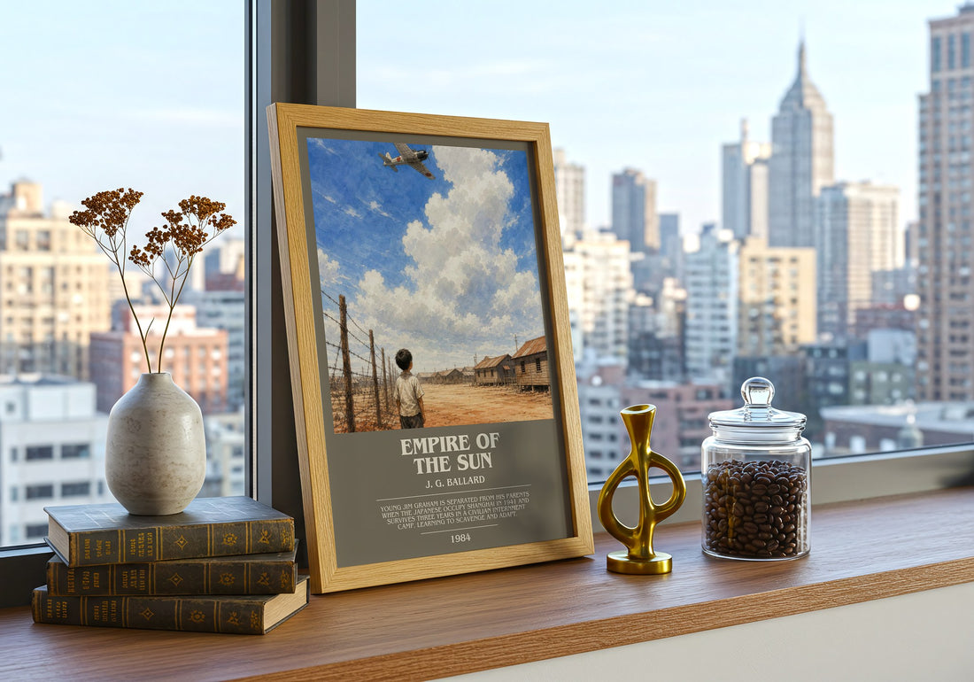Empire of the Sun Bookish Wall Art by J. G. Ballard – framed print on a city-view windowsill