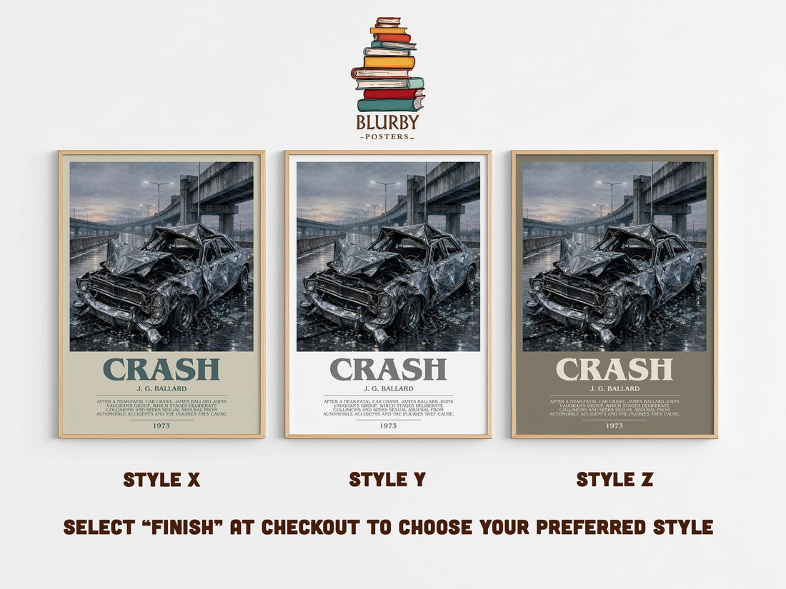 Crash bookish print in frame leaning in hallway – literary fiction wall art (mockup)