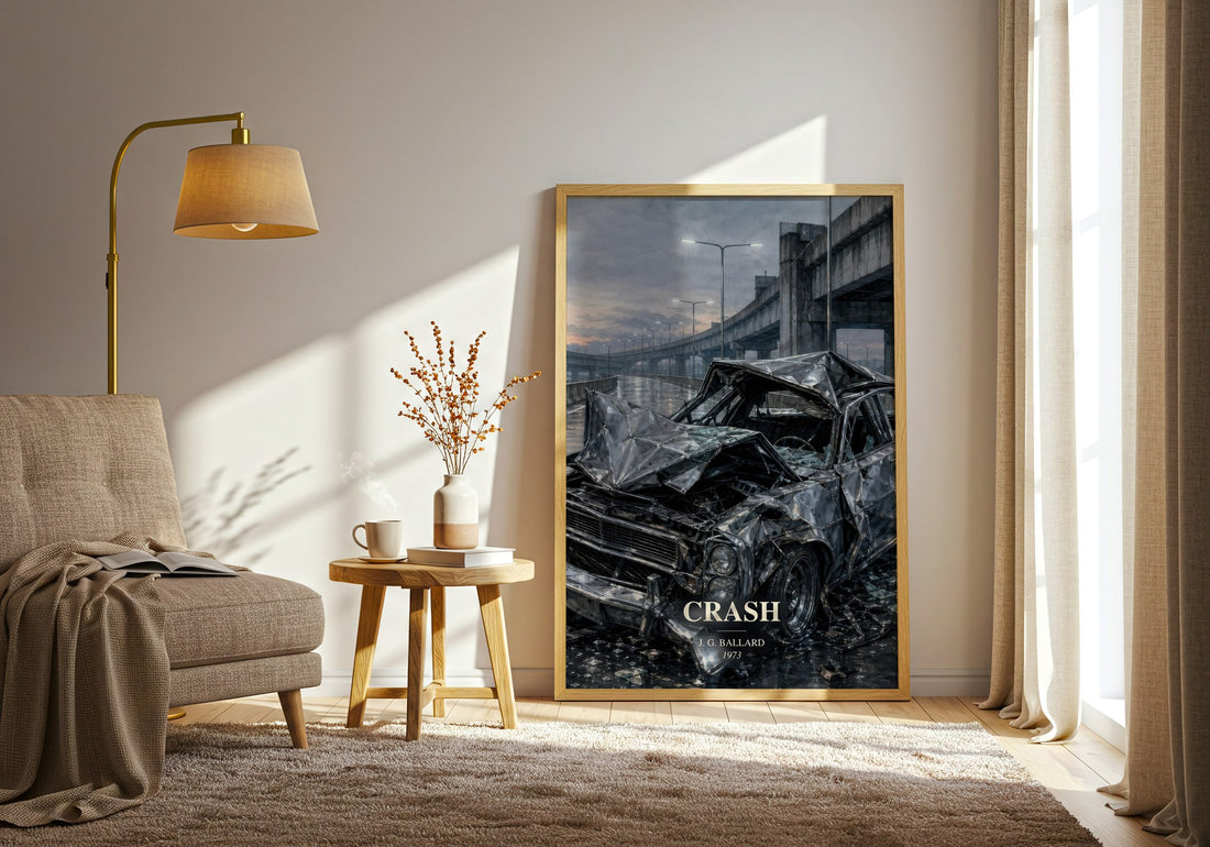 Crash watercolour print in frame leaning in hallway – literary fiction wall art