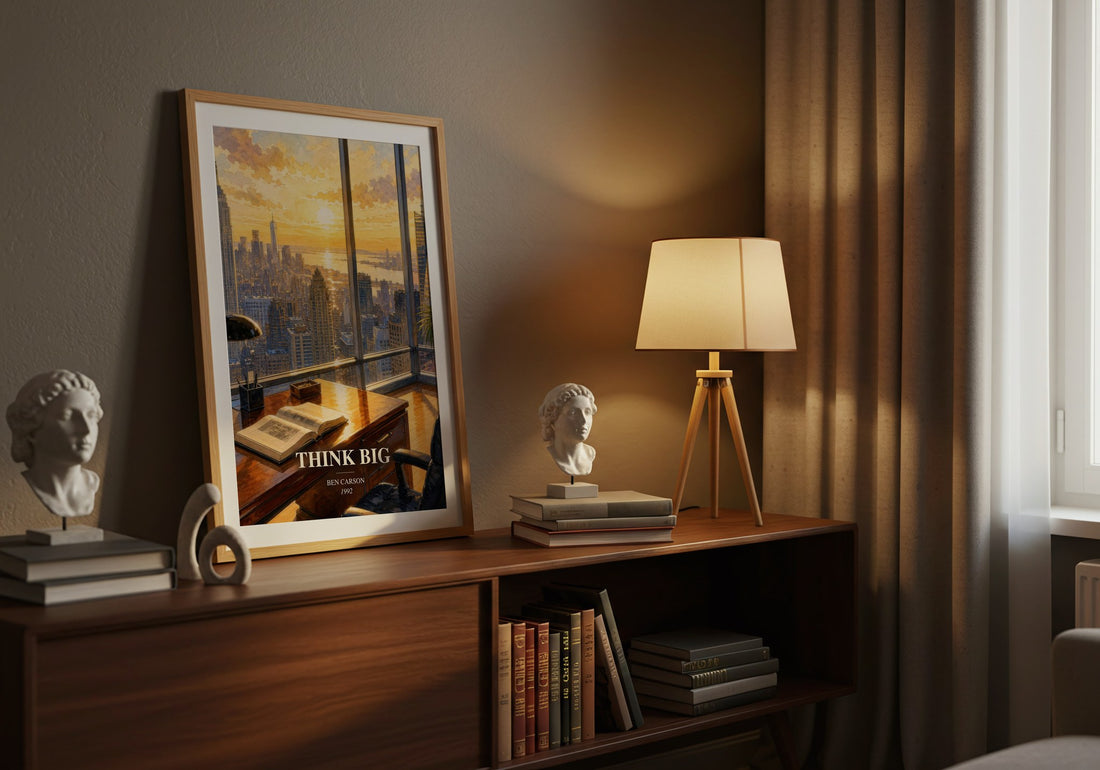 Think big watercolour print on bookshelf – Ben Carson fan gift