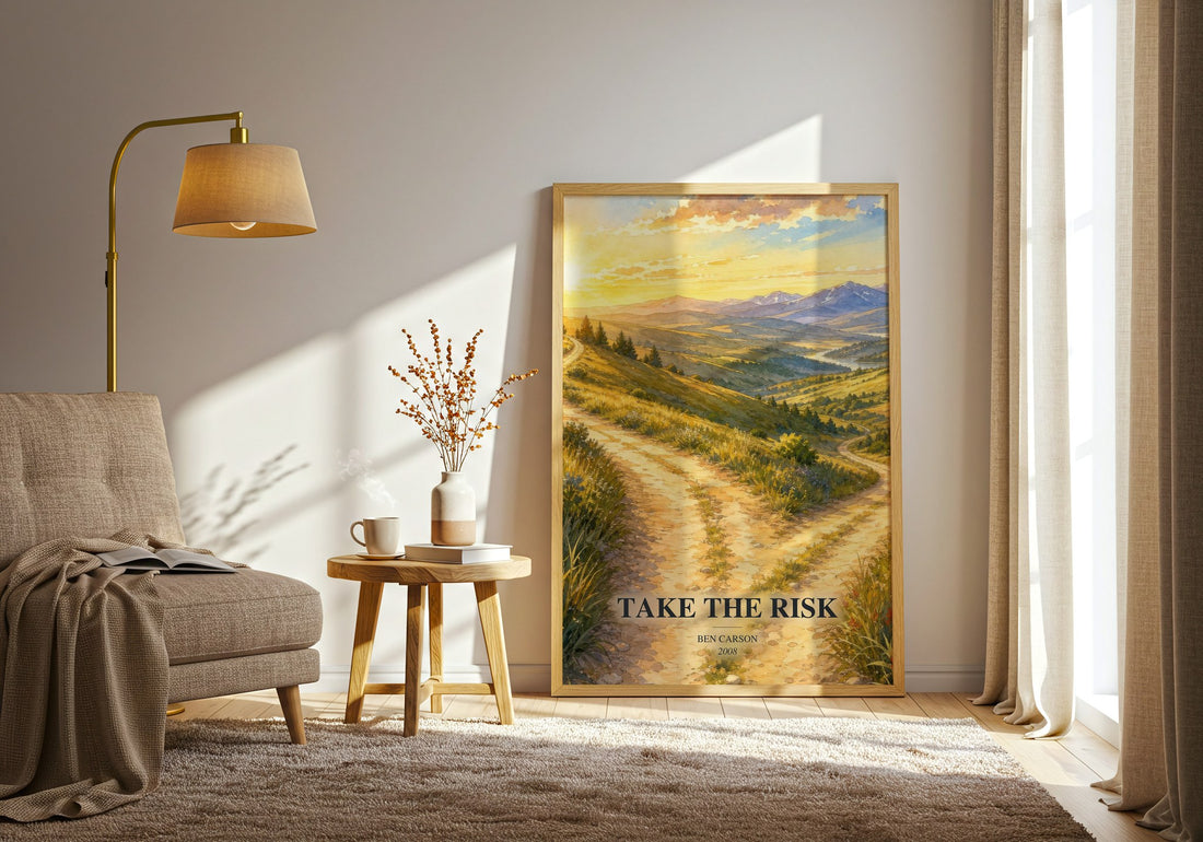 Take the risk watercolour print in frame leaning in hallway – memoir wall art