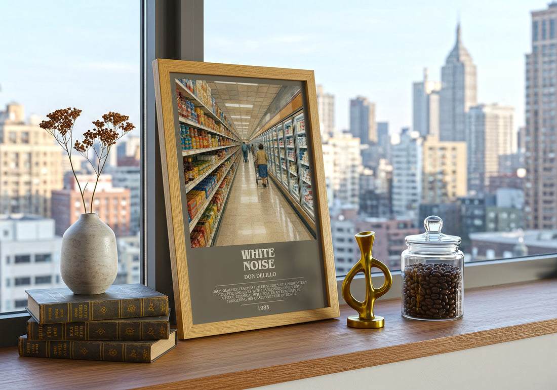 White Noise bookish print framed by window – literary home decor