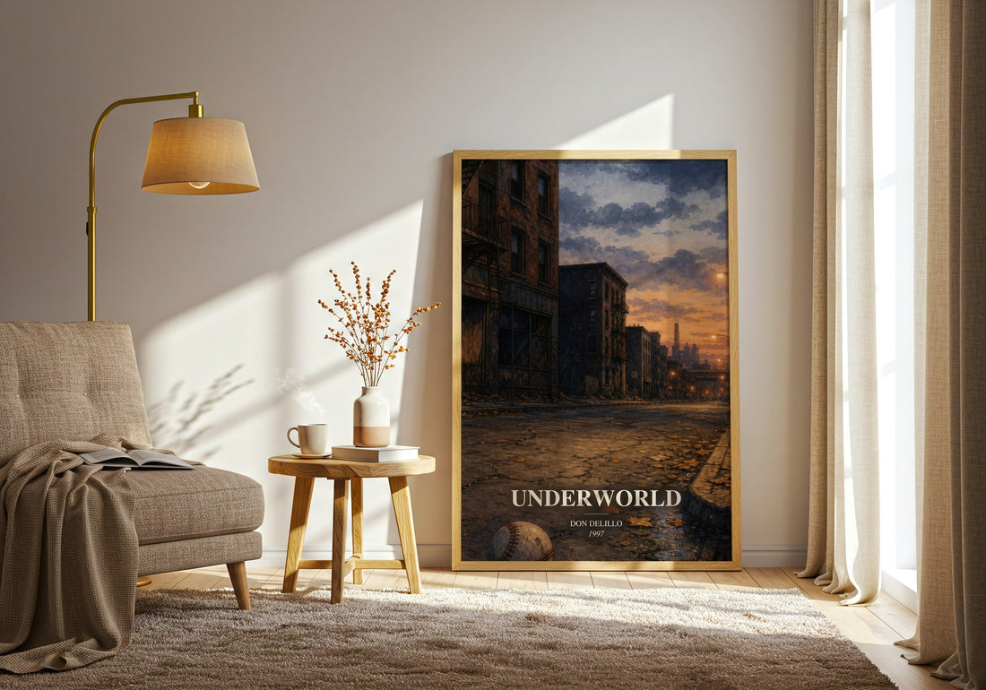 Underworld watercolour print in frame leaning in hallway – literary fiction wall art