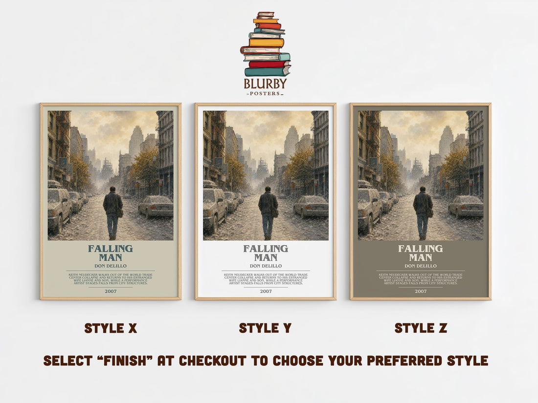 Falling Man bookish print in frame leaning in hallway – contemporary fiction wall art (mockup)