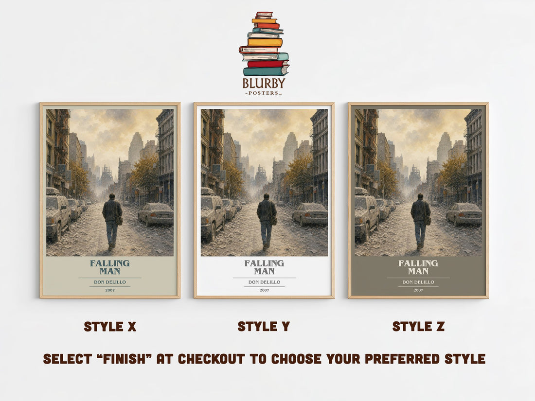 Falling Man book cover print in frame leaning in hallway – contemporary fiction wall art (mockup)