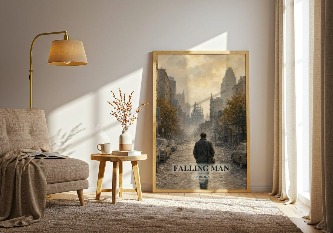Falling Man watercolour print in frame leaning in hallway – contemporary fiction wall art