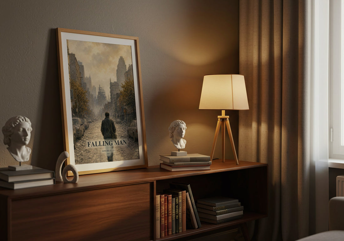 Falling Man watercolour print on bookshelf – Don DeLillo fan gift