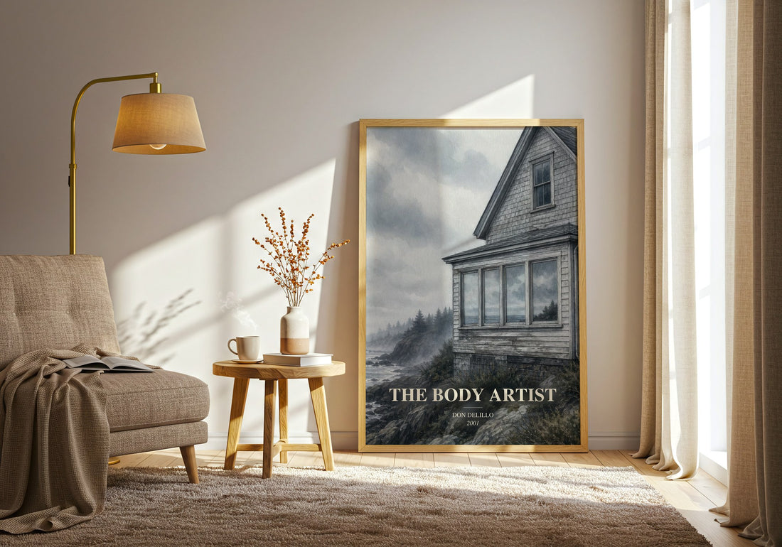 The Body Artist watercolour print in frame leaning in hallway – contemporary fiction wall art
