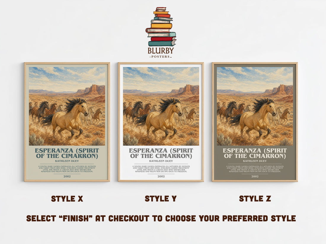 Esperanza (Spirit of the Cimarron) bookish print in frame leaning in hallway – childrens wall art (mockup)