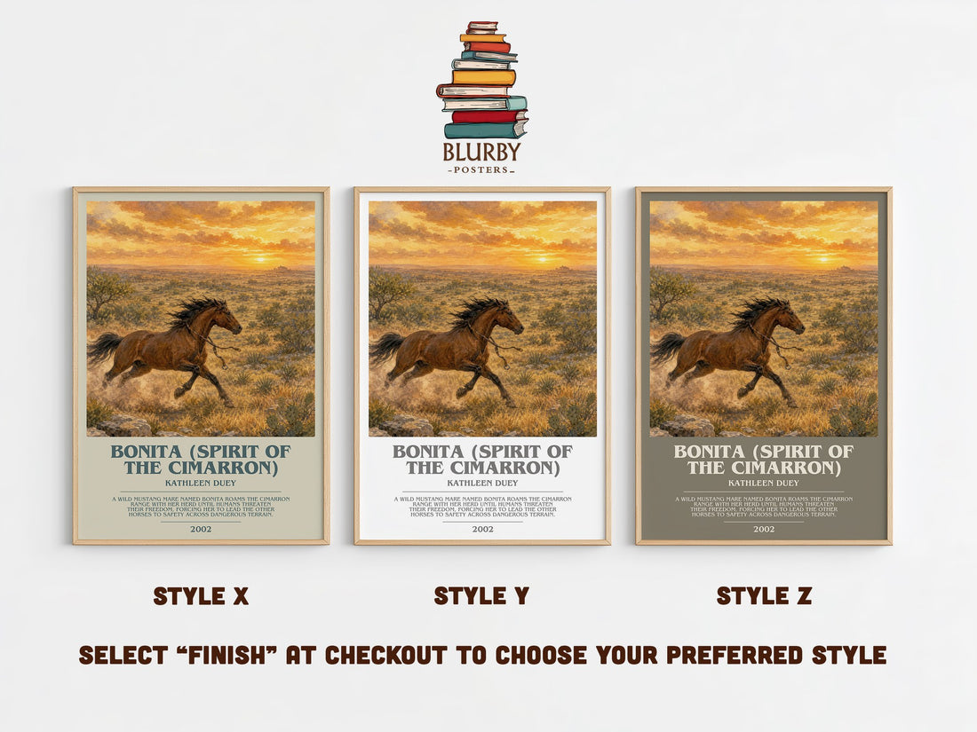 Bonita (Spirit of the Cimarron) bookish print in frame leaning in hallway – childrens wall art (mockup)