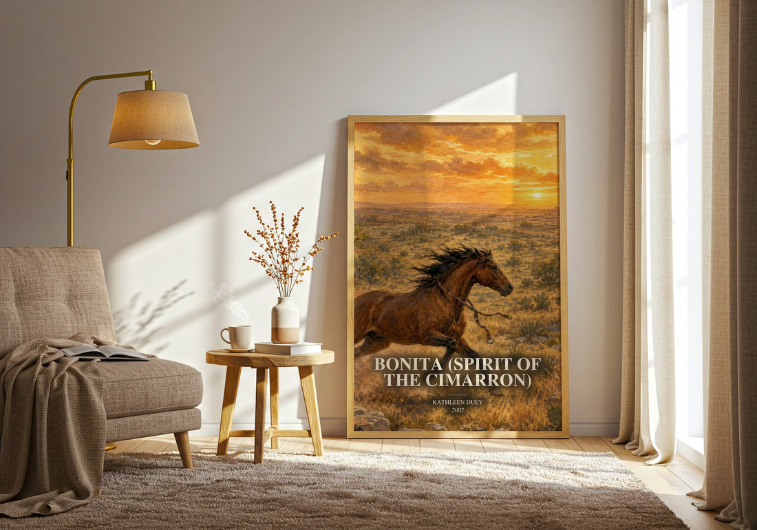 Bonita (Spirit of the Cimarron) watercolour print in frame leaning in hallway – childrens wall art