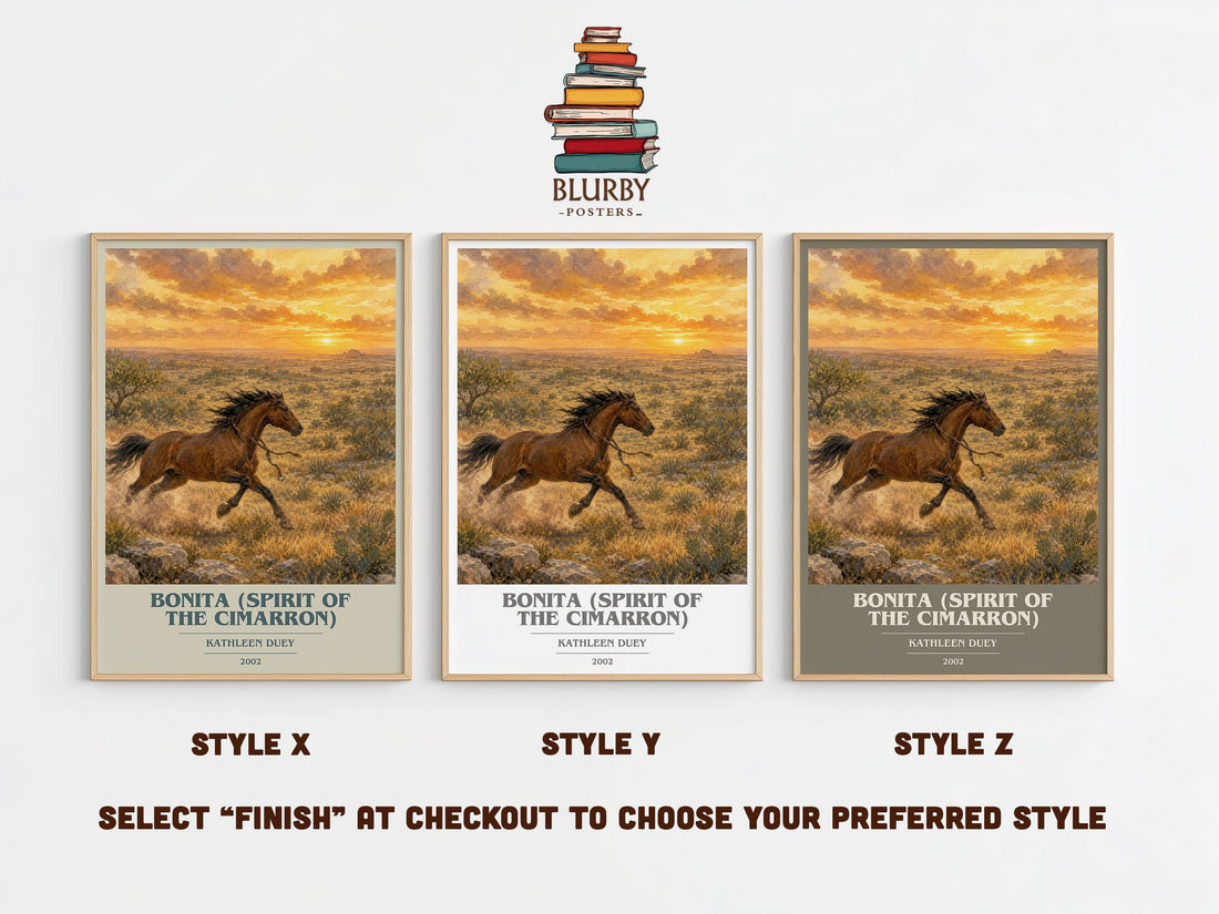 Bonita (Spirit of the Cimarron) book cover print in frame leaning in hallway – childrens wall art (mockup)