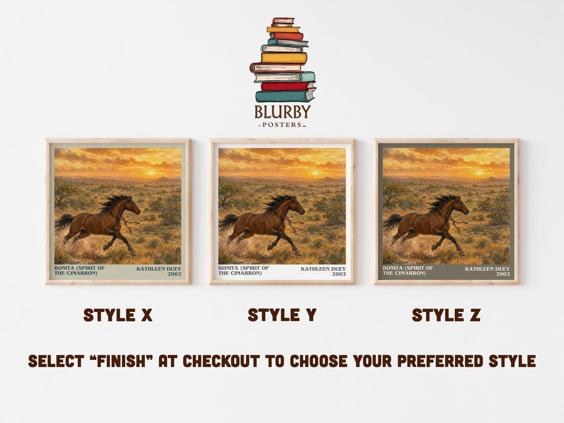 Bonita (Spirit of the Cimarron) literary print in frame leaning in hallway – childrens wall art (mockup)