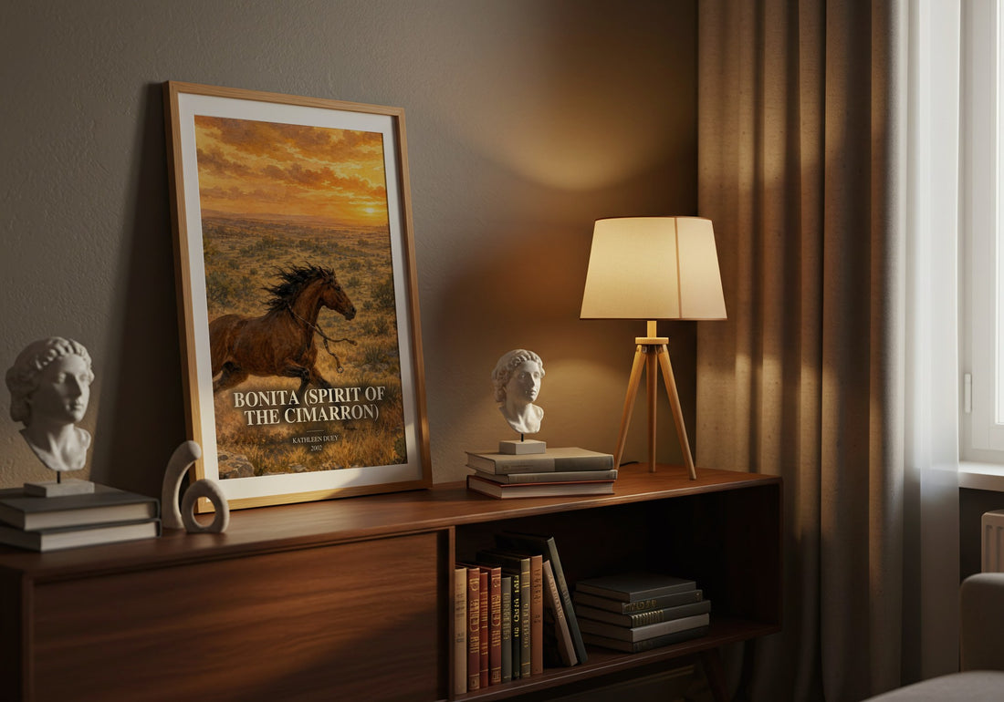 Bonita (Spirit of the Cimarron) watercolour print on bookshelf – Kathleen Duey fan gift