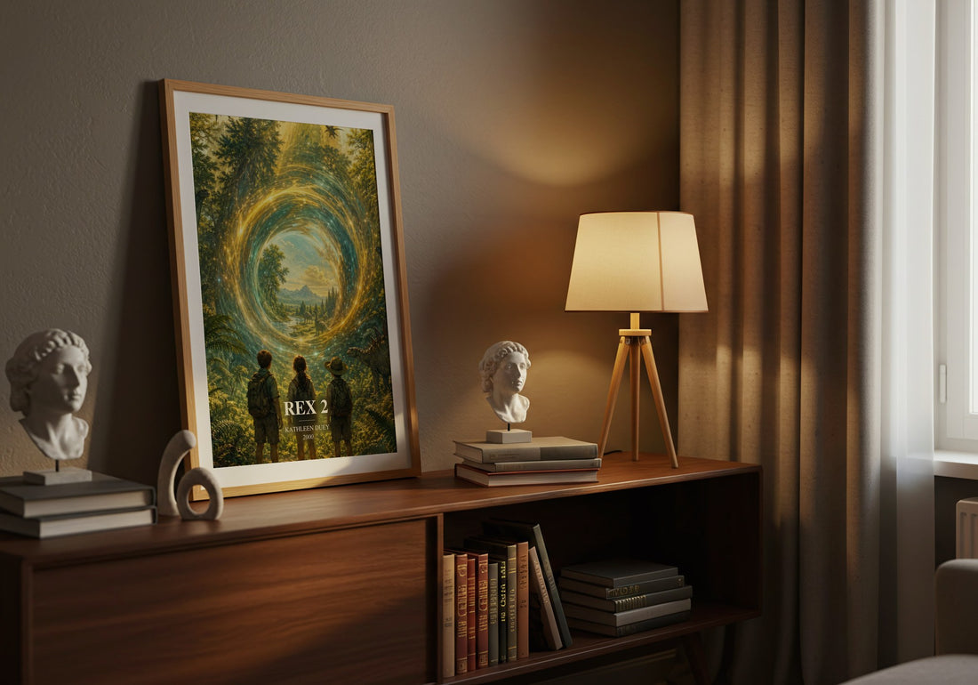 Rex 2 watercolour print on bookshelf – Kathleen Duey fan gift