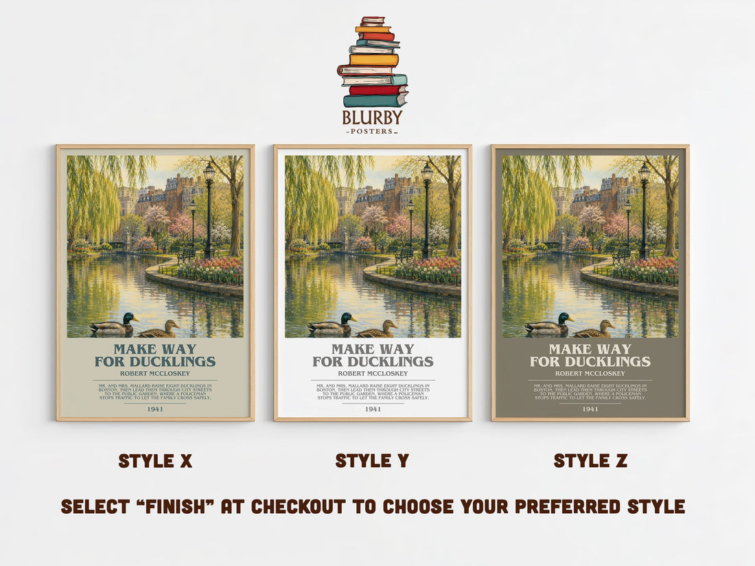Make Way for Ducklings bookish print in frame leaning in hallway – childrens wall art (mockup)