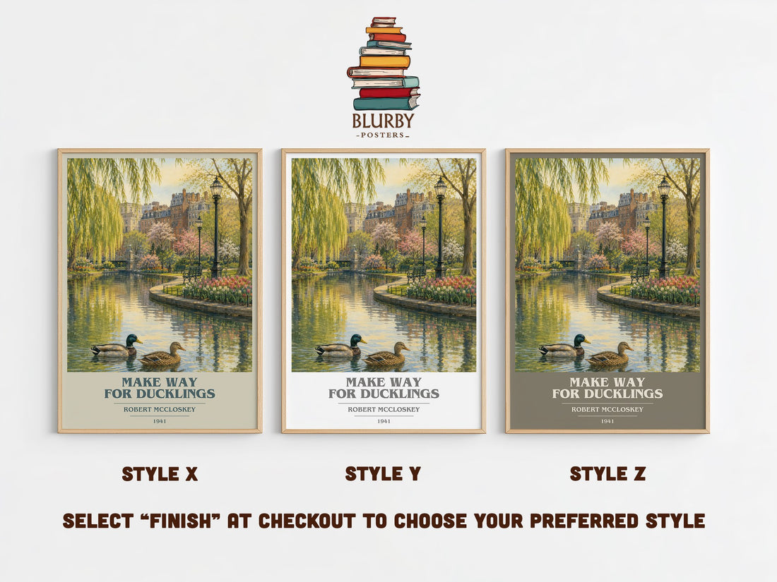 Make Way for Ducklings book cover print in frame leaning in hallway – childrens wall art (mockup)