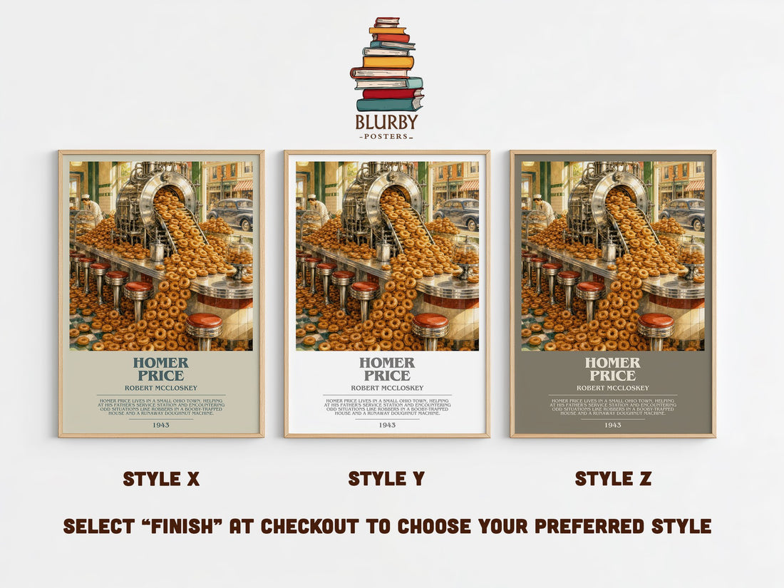 Homer Price bookish print in frame leaning in hallway – childrens wall art (mockup)
