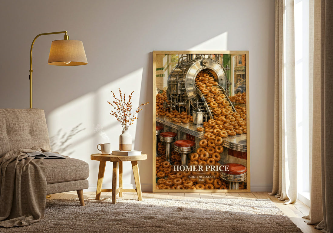 Homer Price watercolour print in frame leaning in hallway – childrens wall art
