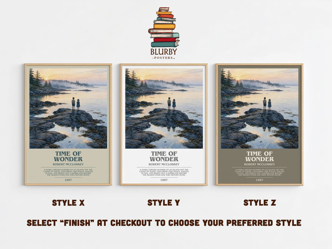Time of Wonder bookish print in frame leaning in hallway – childrens wall art (mockup)