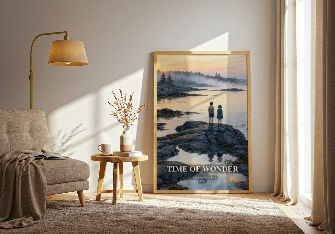 Time of Wonder watercolour print in frame leaning in hallway – childrens wall art