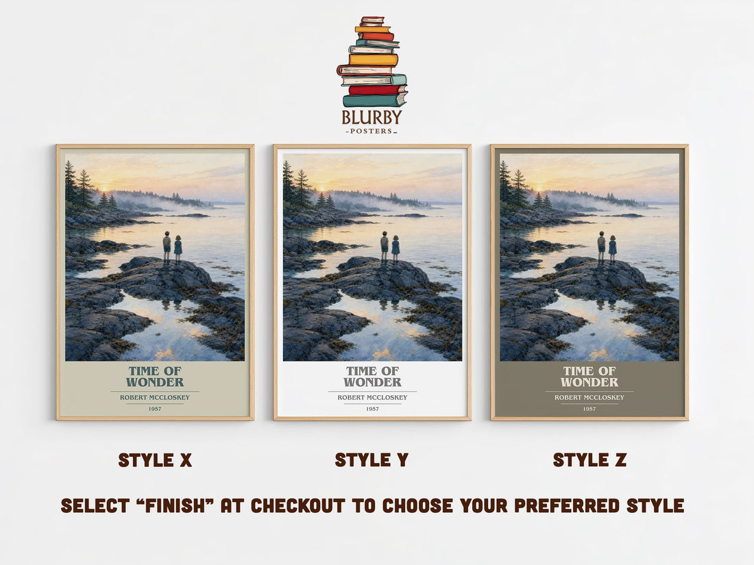 Time of Wonder book cover print in frame leaning in hallway – childrens wall art (mockup)