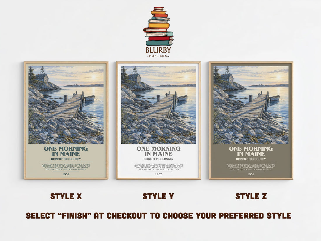 One Morning in Maine bookish print in frame leaning in hallway – childrens wall art (mockup)