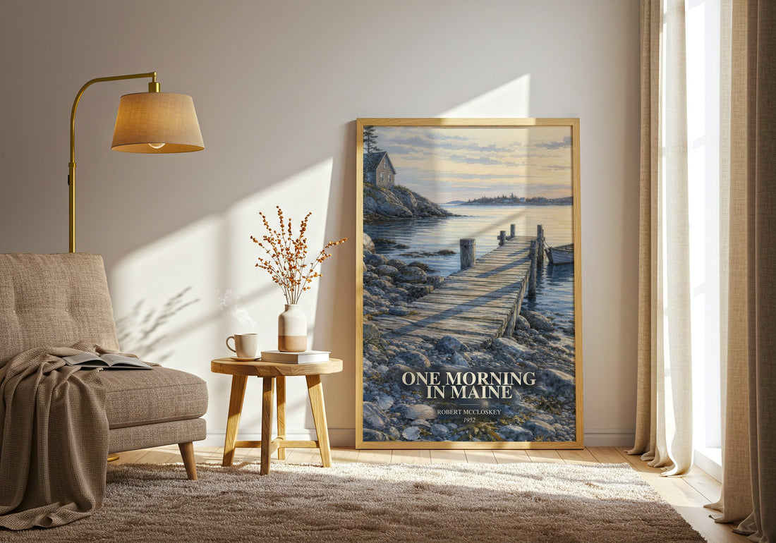 One Morning in Maine watercolour print in frame leaning in hallway – childrens wall art