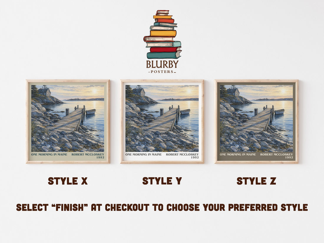 One Morning in Maine literary print in frame leaning in hallway – childrens wall art (mockup)