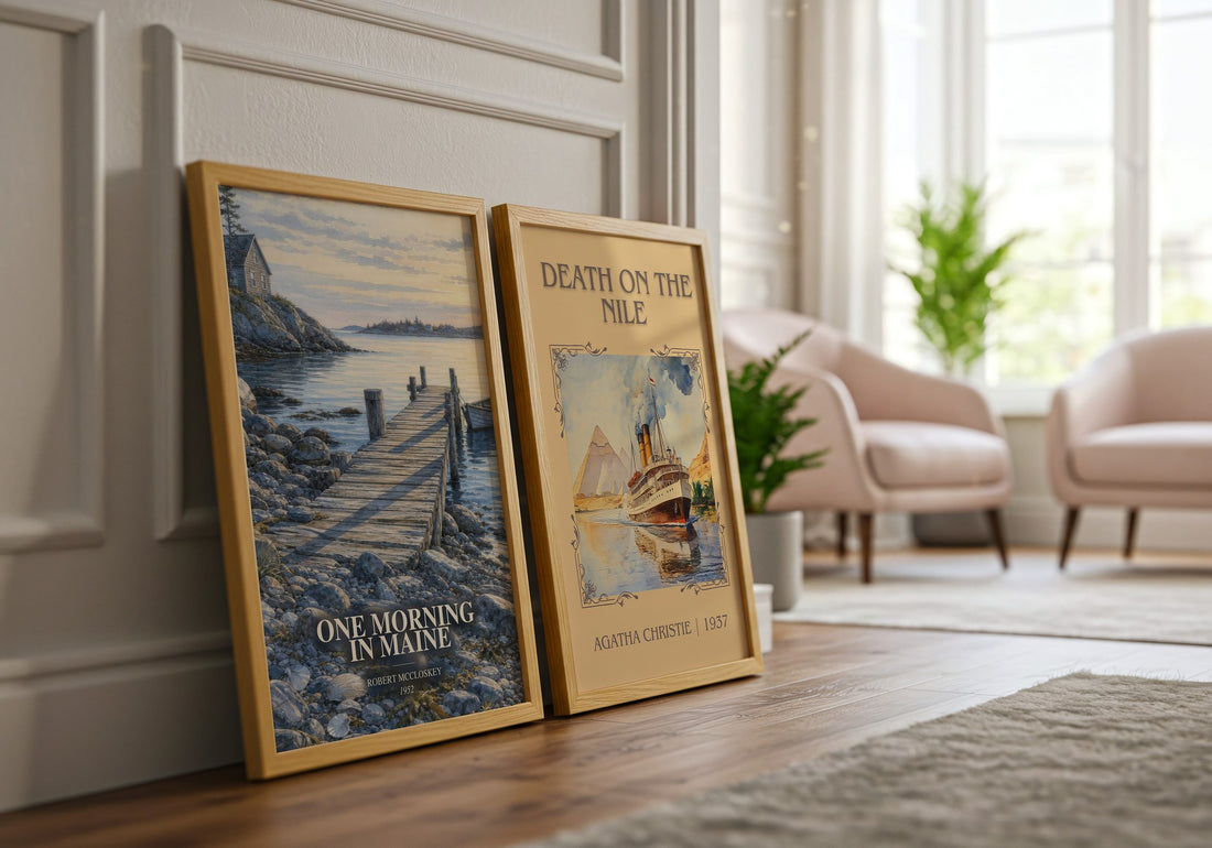 One Morning in Maine watercolour print framed by window – literary home decor