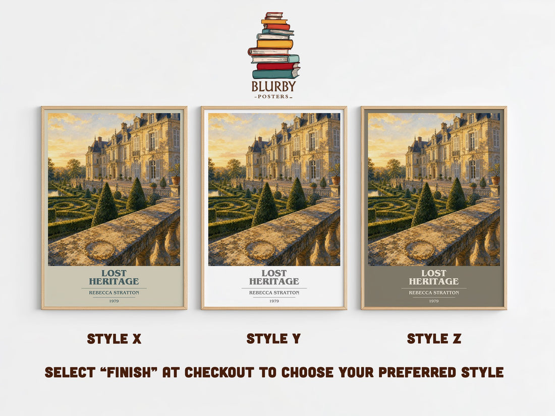 Lost heritage book cover print in frame leaning in hallway – romance wall art (mockup)