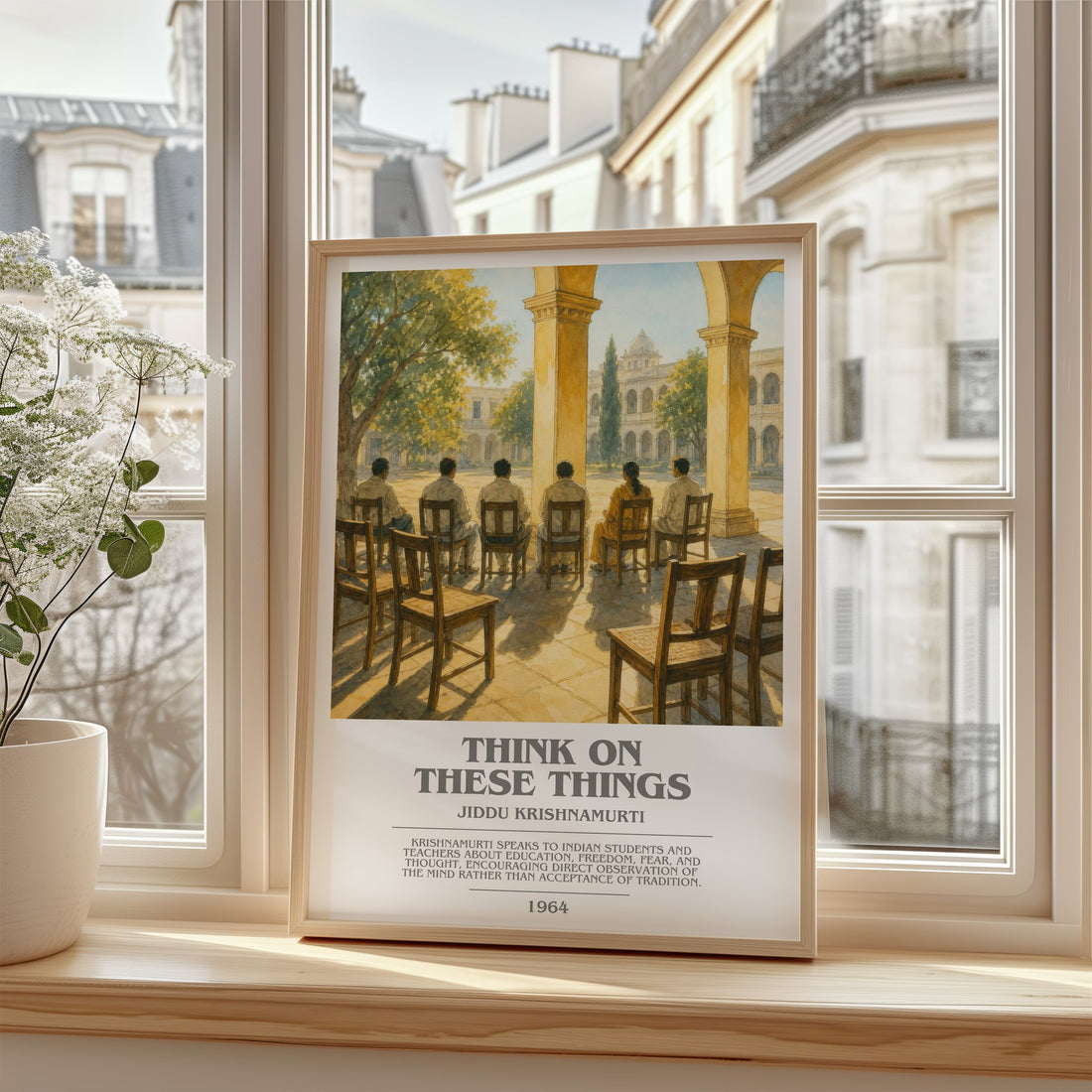 Think on These Things Bookish Wall Art by Jiddu Krishnamurti – framed print by a bright window