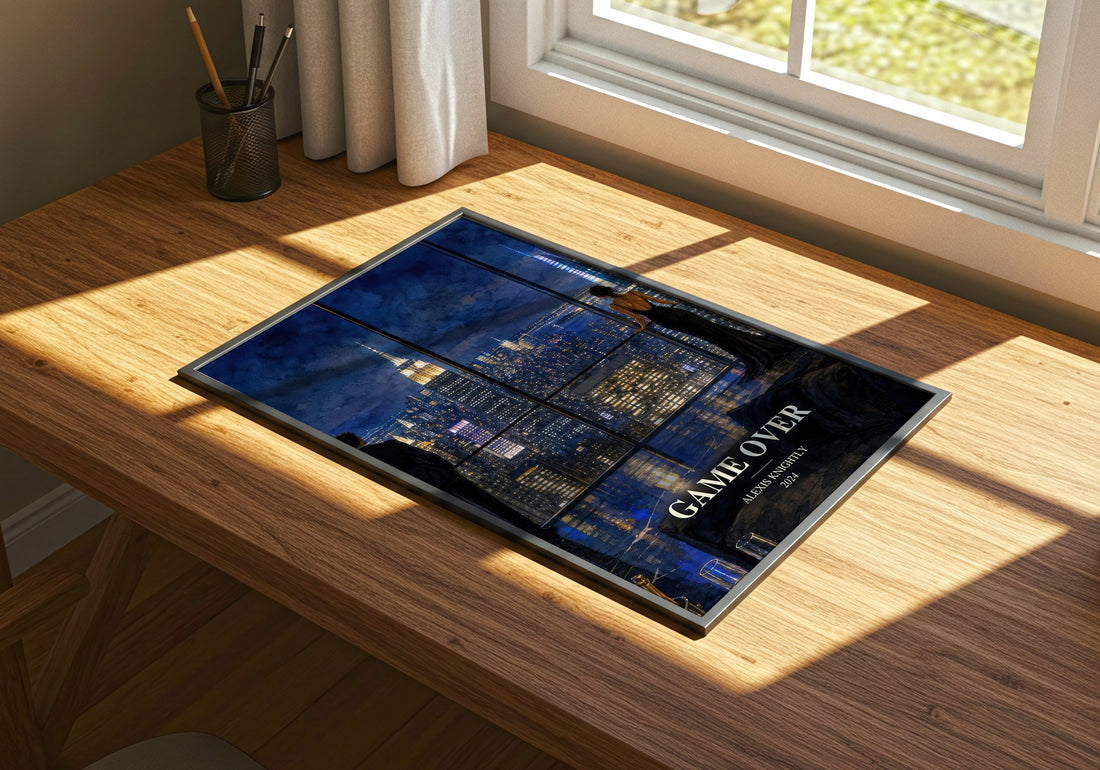 Game Over watercolour book poster framed on wall – thriller wall art