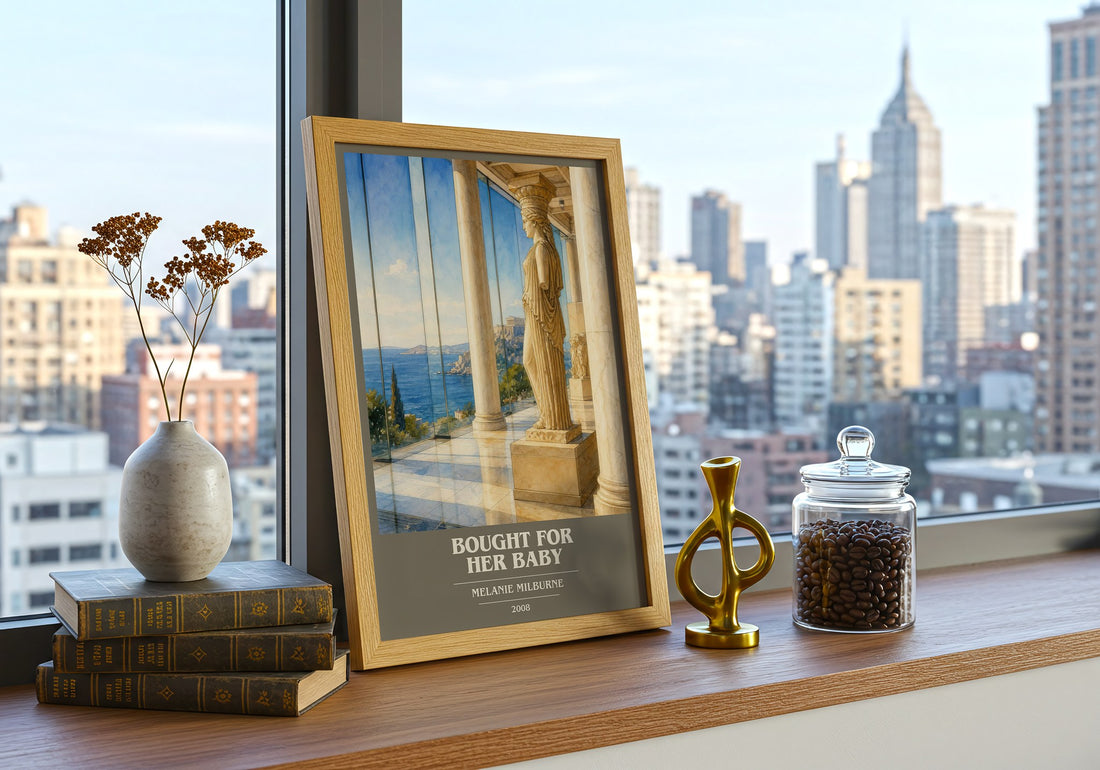 Bought For Her Baby book cover print framed by window – literary home decor