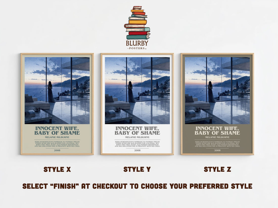 Innocent Wife, Baby of Shame bookish print in frame leaning in hallway – romance wall art (mockup)