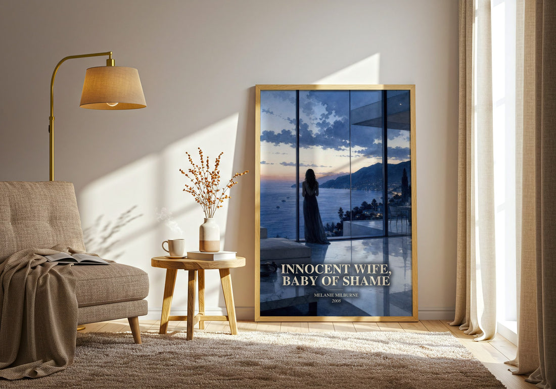 Innocent Wife, Baby of Shame watercolour print in frame leaning in hallway – romance wall art