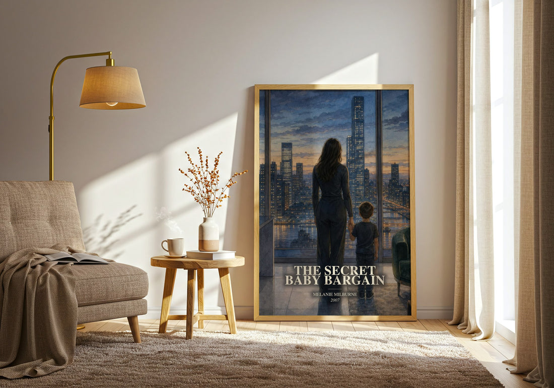 The Secret Baby Bargain watercolour print in frame leaning in hallway – romance wall art
