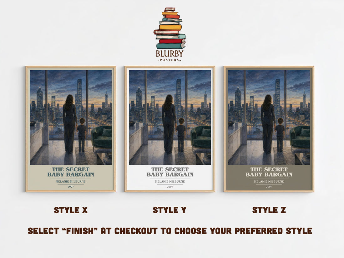 The Secret Baby Bargain book cover print in frame leaning in hallway – romance wall art (mockup)