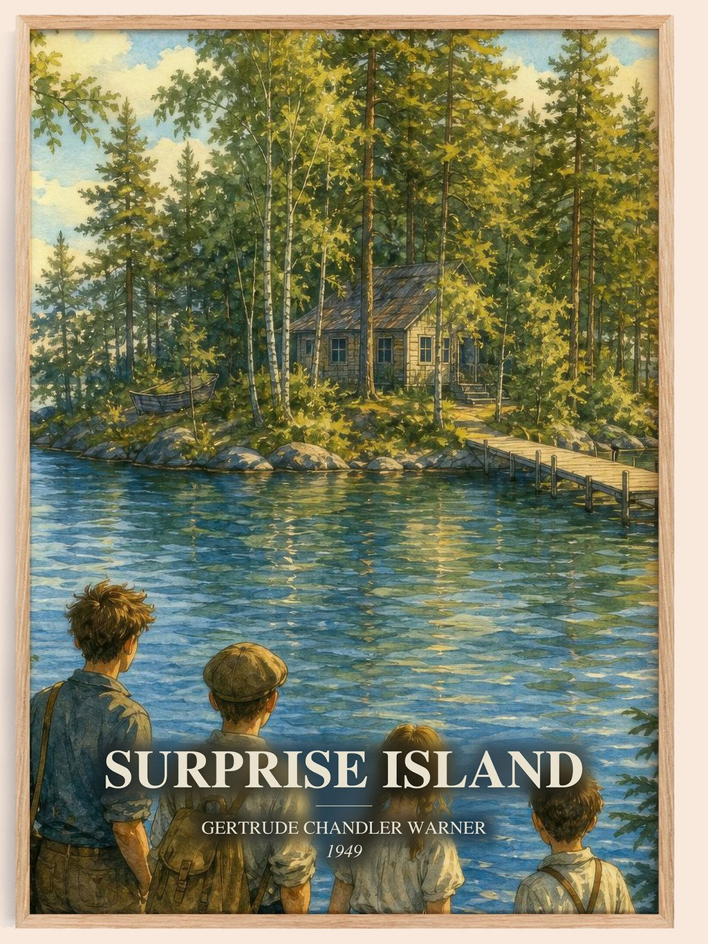 Surprise Island watercolour book poster by Gertrude Chandler Warner – framed literary art print