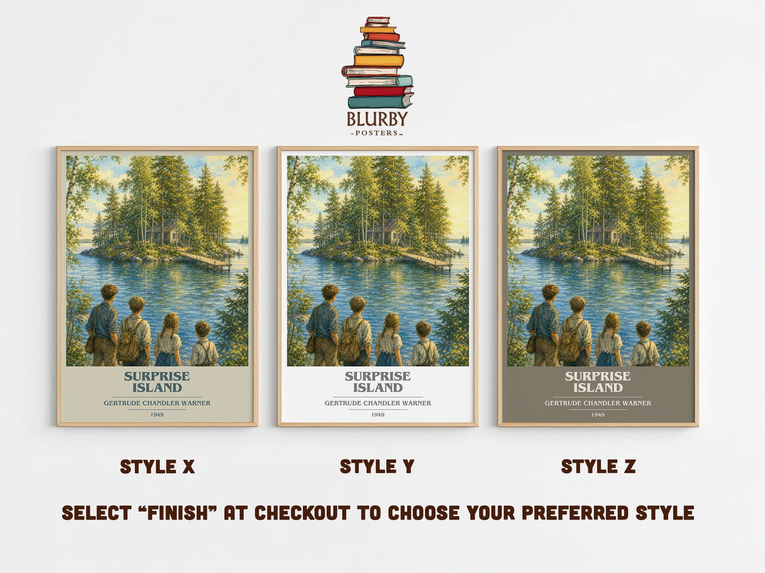 Surprise Island book cover print in frame leaning in hallway – childrens wall art (mockup)