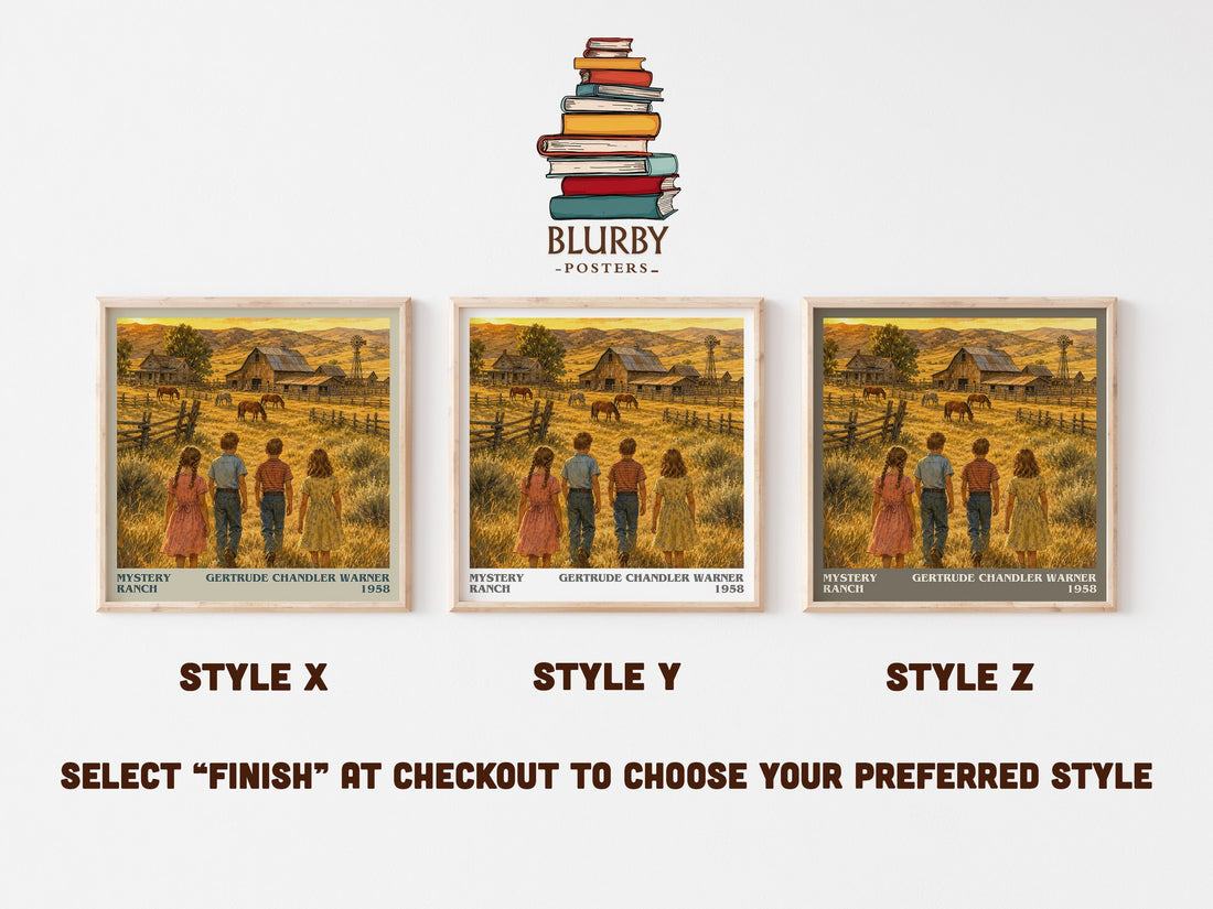 Mystery Ranch literary print in frame leaning in hallway – childrens wall art (mockup)