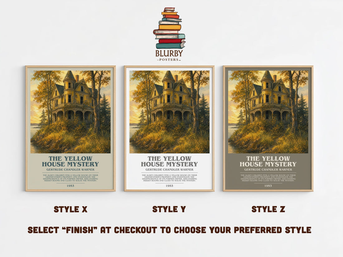 The Yellow House Mystery bookish print in frame leaning in hallway – childrens wall art (mockup)