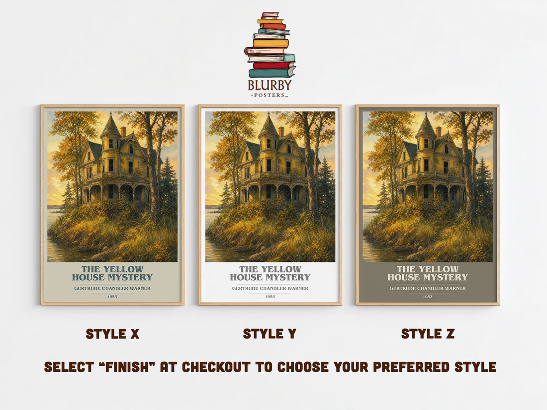 The Yellow House Mystery book cover print in frame leaning in hallway – childrens wall art (mockup)