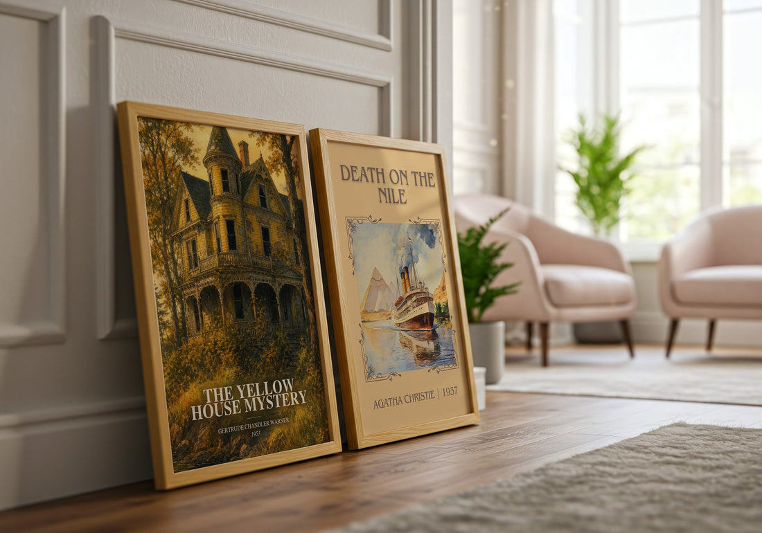 The Yellow House Mystery watercolour print framed by window – literary home decor
