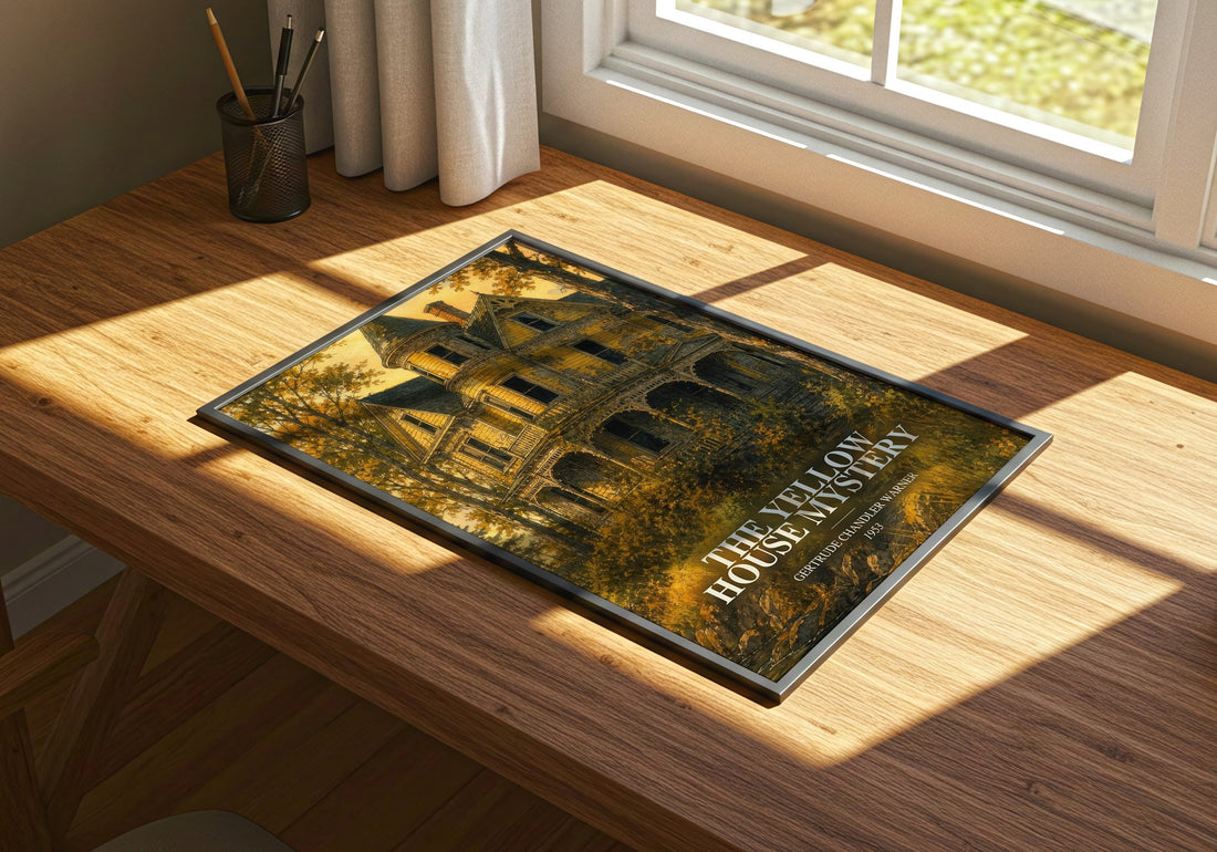 The Yellow House Mystery watercolour book poster framed on wall – childrens wall art