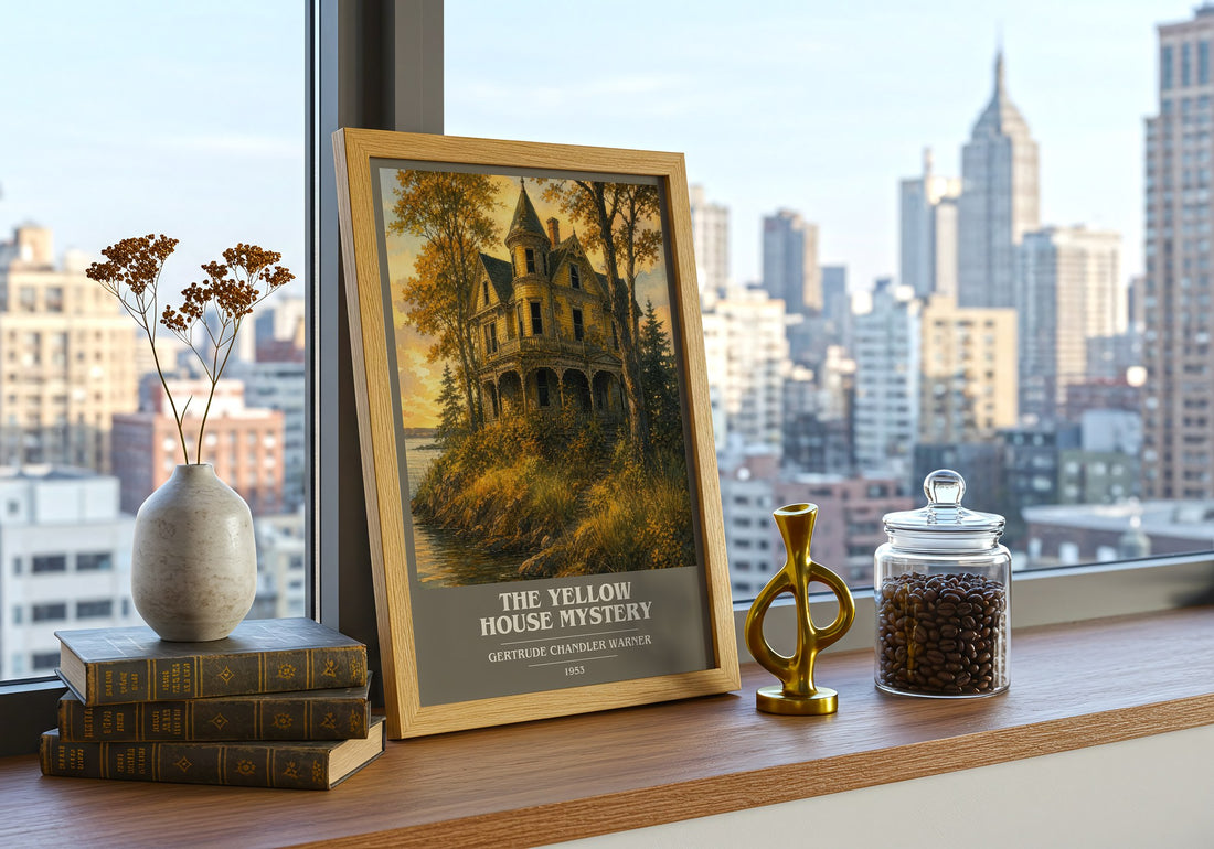 The Yellow House Mystery book cover print framed by window – literary home decor